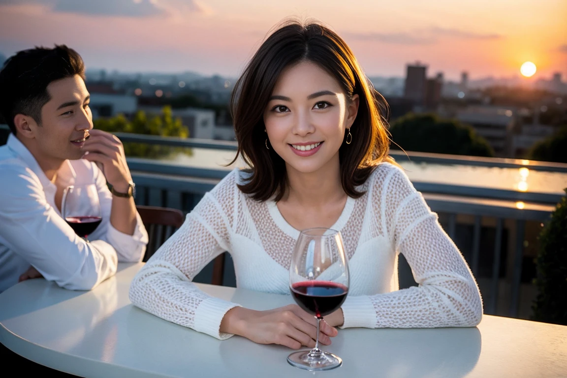 ((Highest quality、、masterpiece:1.3))、1 male、1 female、42 years old 39 years old、Slim Beauty、Beautiful couple、Upper Body、smile、 (Slim face), (the body is スリム), (Brown Hair), (Shortcuts), テーブルのフルコースディナーとwine glass、Amazing view of the sunset sky and clouds、smileの美しさ、Wine bottle、sparkling wine、Long sleeve shirt、dress、White wine, red wine, wine glass, Beautiful fine grain, Depth f/2,saturation, High Contrast, Strong light and shadow,Moist Body:1.5、3D texture、The hair is very shiny、