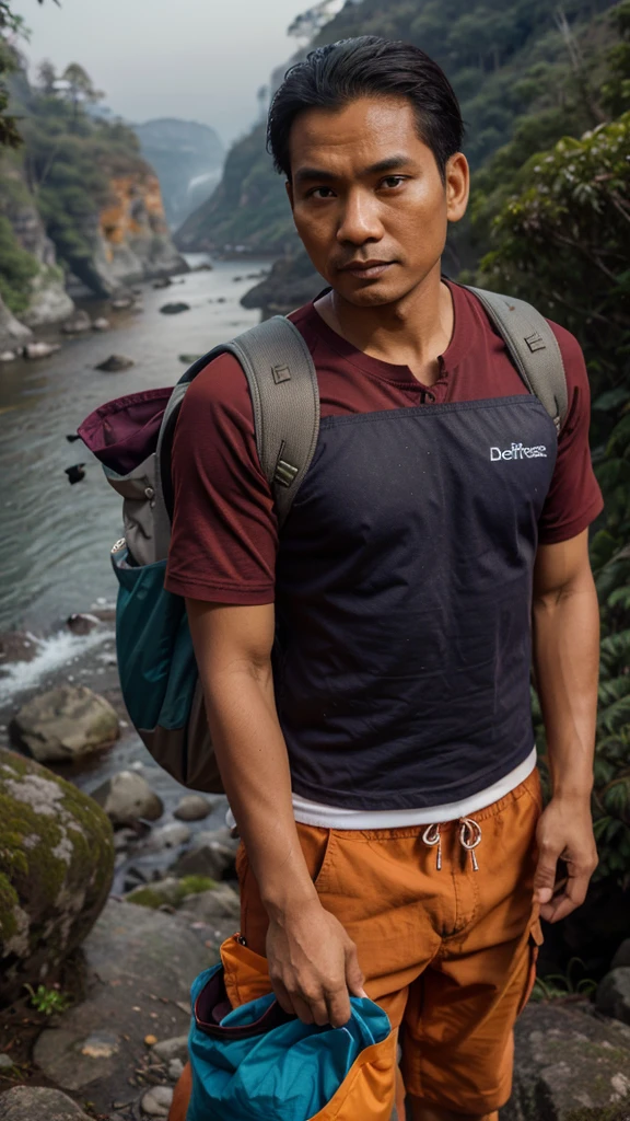 (POV) a Javanese man with an oval face, rather thin, wears a checkered flannel shirt ((maroon and dark blue)), standing next to the edge of a steep cliff, carrying a carrier bag (deuter 70kg) colored (maroon), wearing cargo shorts colored ((dark brown)), carryng trekking poles colored ((orange)), in the background deep forest, fog, a small rocky river,top view,4d, 32k UHD,realistic photography,ultra detailed,reflective surface.