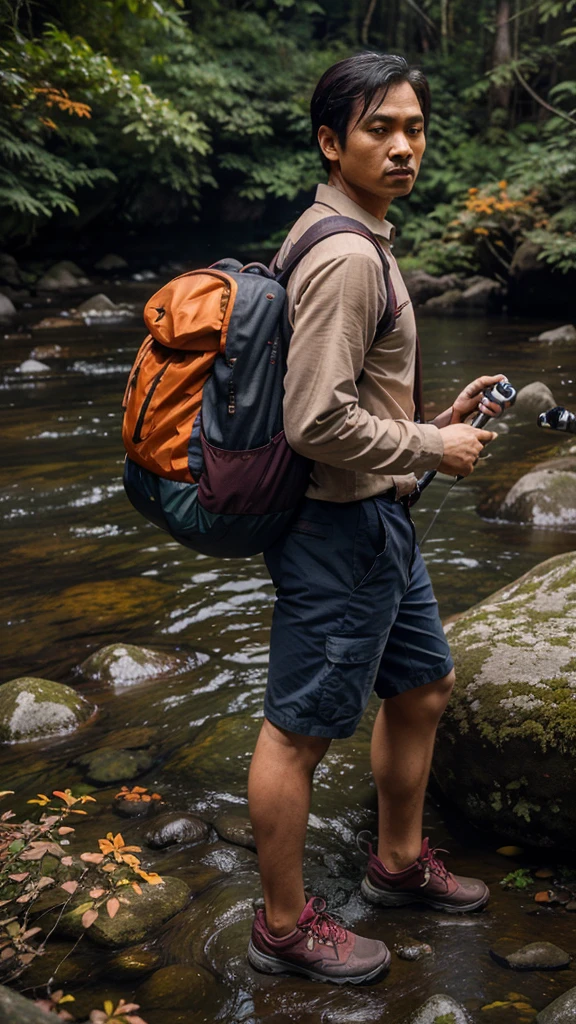 (POV) a Javanese man with an oval face, rather thin, wears a checkered flannel shirt ((maroon and dark blue)), standing next to the edge of a steep cliff, carrying a carrier bag (deuter 70kg) colored (maroon), wearing cargo shorts colored ((dark brown)), carryng trekking poles colored ((orange)), in the background deep forest, fog, a small rocky river,top view,4d, 32k UHD,realistic photography,ultra detailed,reflective surface.