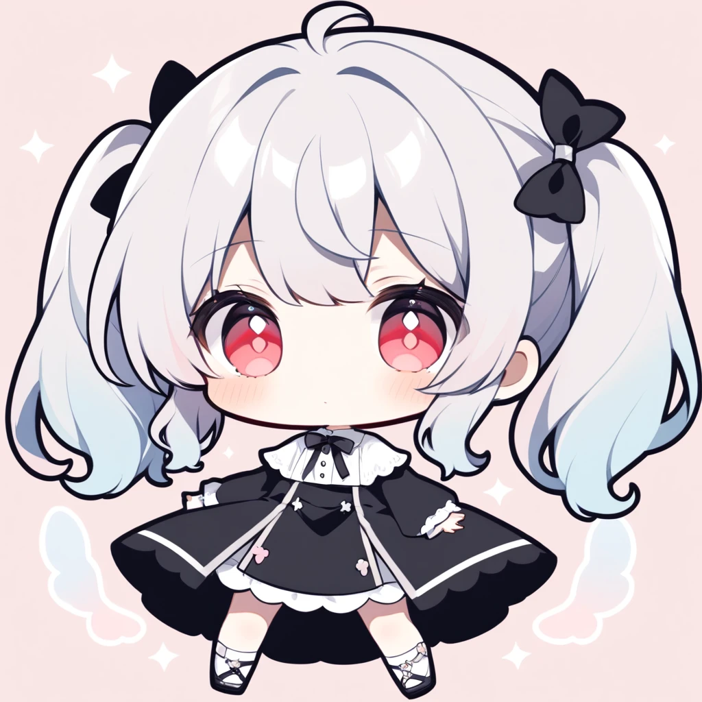 pastel colors, chibi, (little angel:1.5), 1girl, red eye, twin tails, silver hair, ahoge, black ribbon, black dress