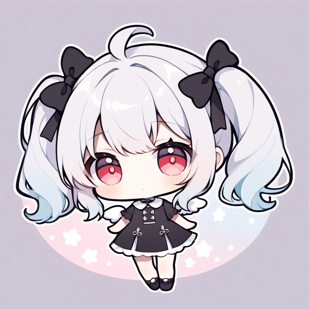 pastel colors, chibi, (little angel:1.5), 1girl, red eye, twin tails, silver hair, ahoge, black ribbon, black dress