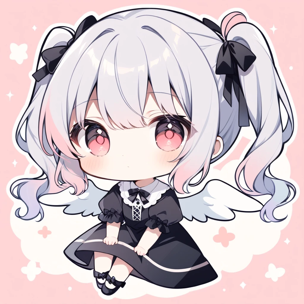pastel colors, chibi, (little angel:1.5), 1girl, red eye, twin tails, silver hair, ahoge, black ribbon, black dress