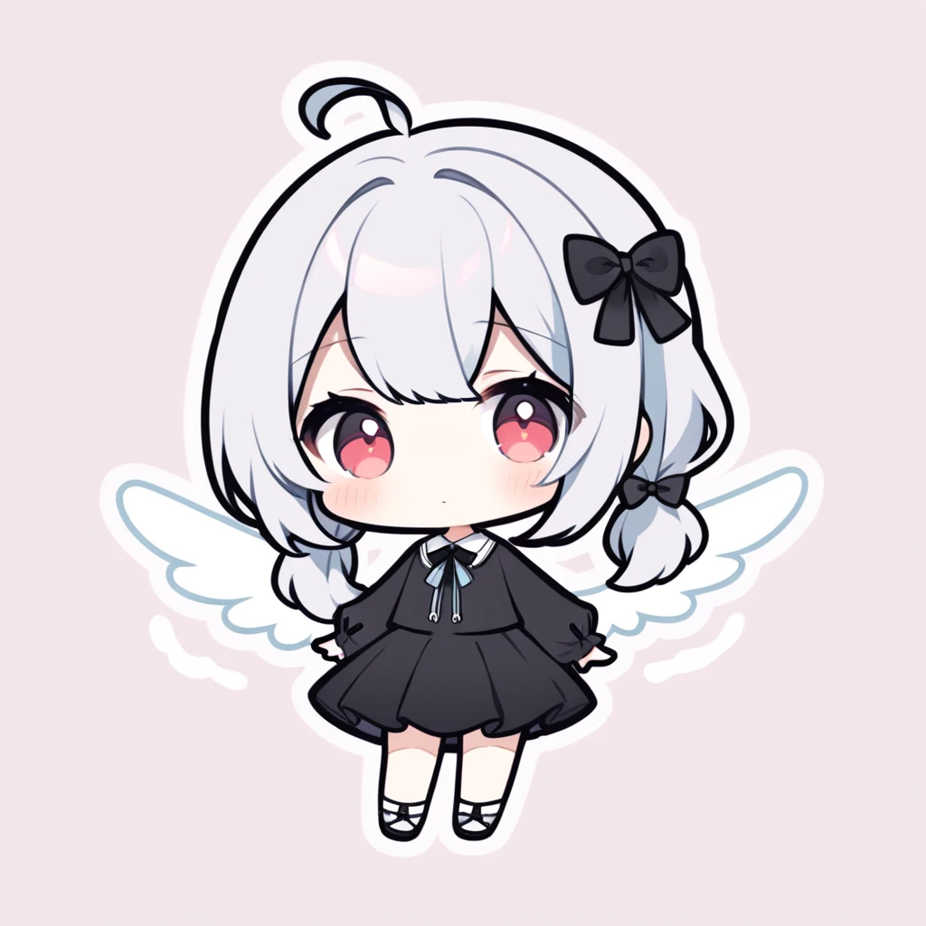pastel colors, chibi, (little angel:1.5), 1girl, red eye, twin tails, silver hair, ahoge, black ribbon, black dress