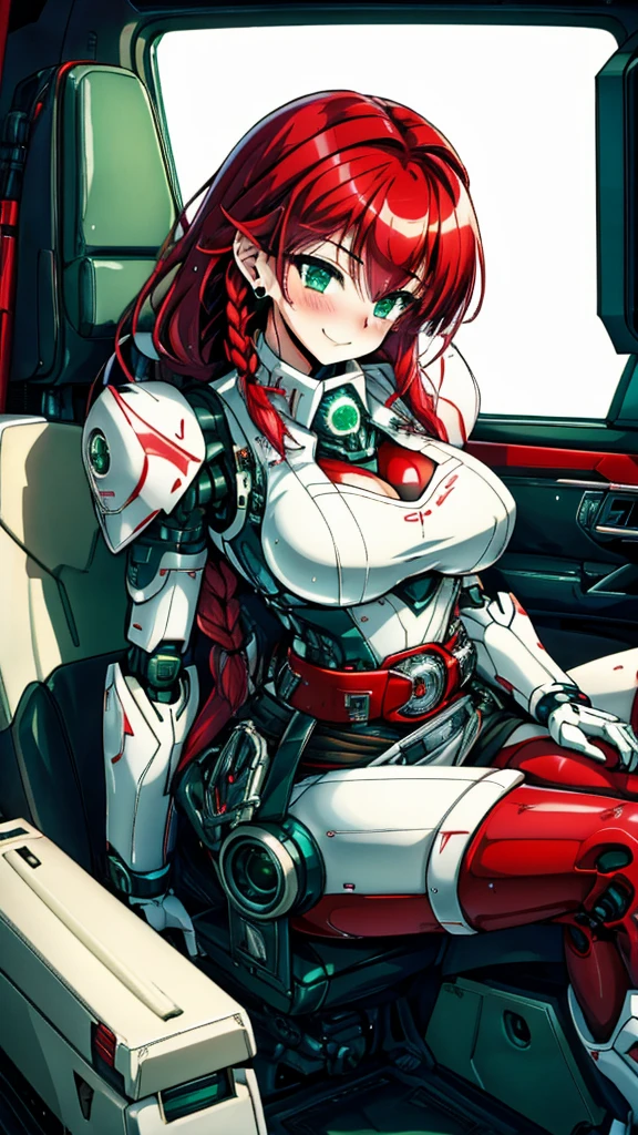 20-year-old girl，Crimson hair，side braid，Smile，Huge breasts，cleavage，Sheer red sleeveless top，中間留空露出cleavage，Soaked all over，Blushing，green eyes，Female spy，red miniskirt，White gloves，White hand sleeves，White boots，Science fiction，Future，robot driver，There is a pistol on the back belt，No bangs，Wearing earrings only on one side，leather neck brace，There is a belt around the waist，Inside the huge robot cockpit，Sitting in the driving seat，Darkness all around