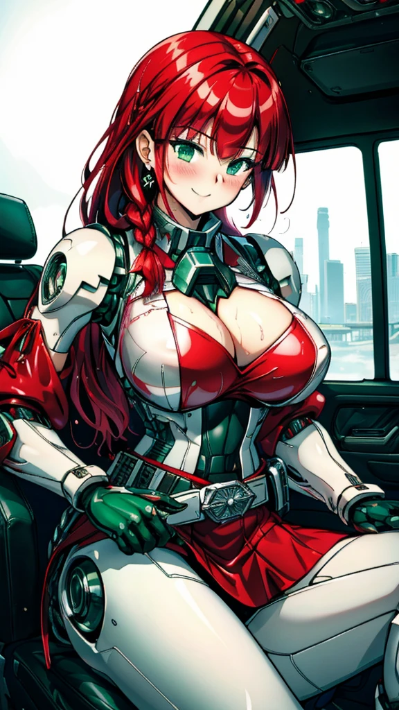 20-year-old girl，Crimson hair，side braid，Smile，Huge breasts，cleavage，Sheer red sleeveless top，中間留空露出cleavage，Soaked all over，Blushing，green eyes，Female spy，red miniskirt，White gloves，White hand sleeves，White boots，Science fiction，Future，robot driver，There is a pistol on the back belt，No bangs，Wearing earrings only on one side，leather neck brace，There is a belt around the waist，Inside the huge robot cockpit，Sitting in the driving seat，Darkness all around