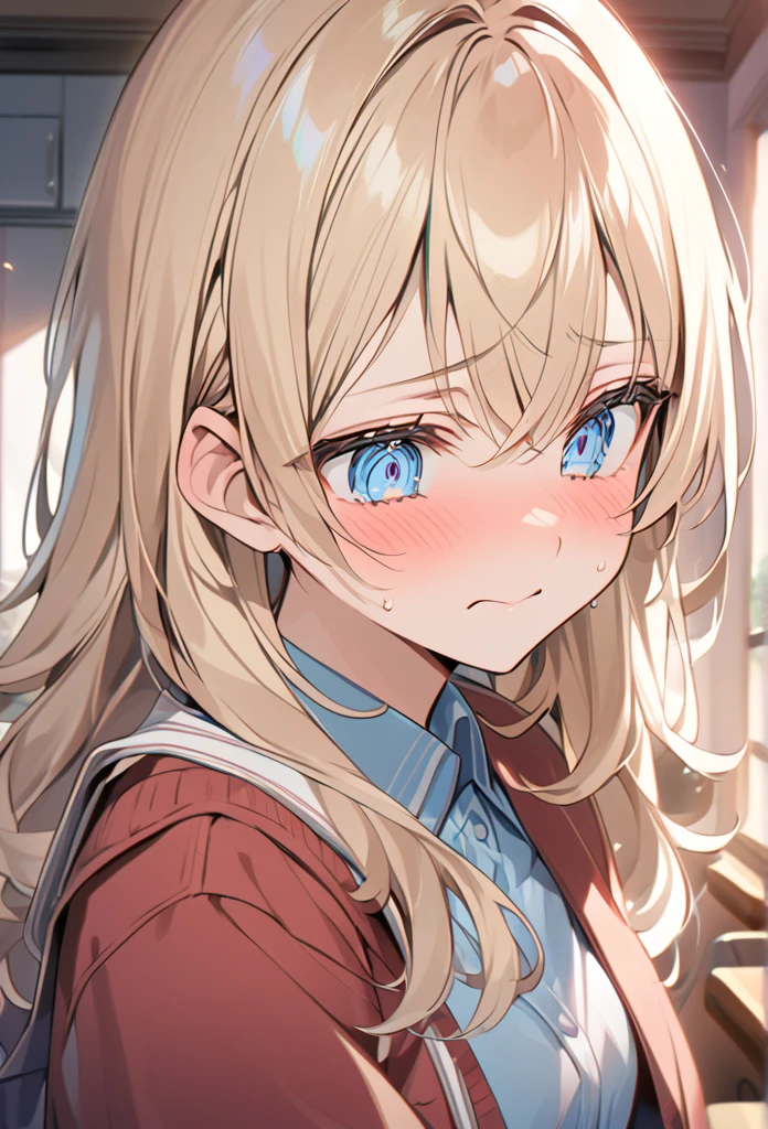 「Cute neighbor Aarya blushing in embarrassment、Anime Style、Face close-up、Long blonde hair、blue eyes、Redness on the cheeks、A shy smile、Soft pastel colors、Soft lighting、high quality、Typical Russian apartment detailed background」In the classroom