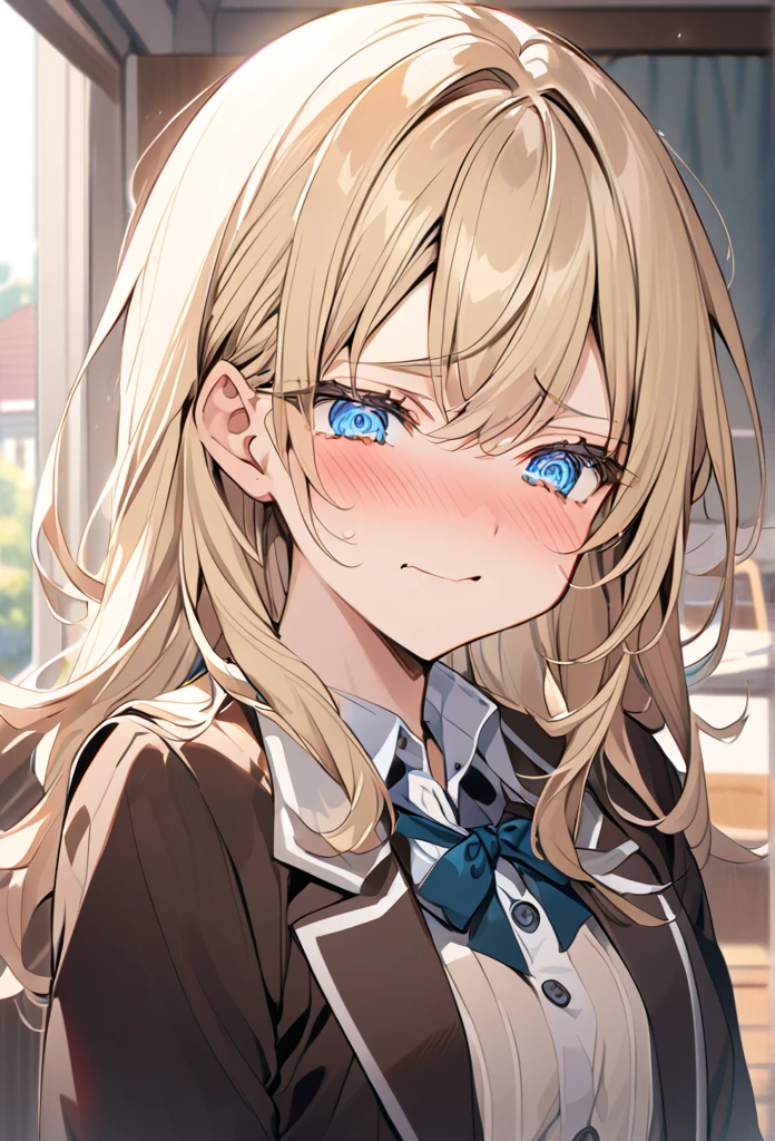 「Cute neighbor Aarya blushing in embarrassment、Anime Style、Face close-up、Long blonde hair、blue eyes、Redness on the cheeks、A shy smile、Soft pastel colors、Soft lighting、high quality、Typical Russian apartment detailed background」In the classroom