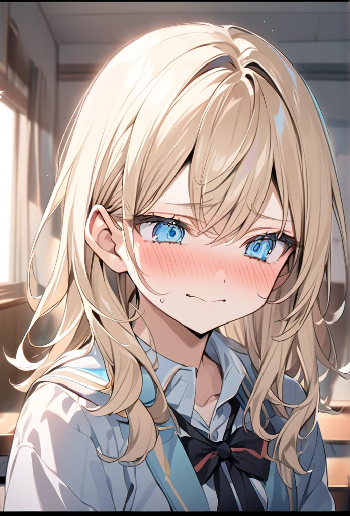 「Cute neighbor Aarya blushing in embarrassment、Anime Style、Face close-up、Long blonde hair、blue eyes、Redness on the cheeks、A shy smile、Soft pastel colors、Soft lighting、high quality、Typical Russian apartment detailed background」In the classroom