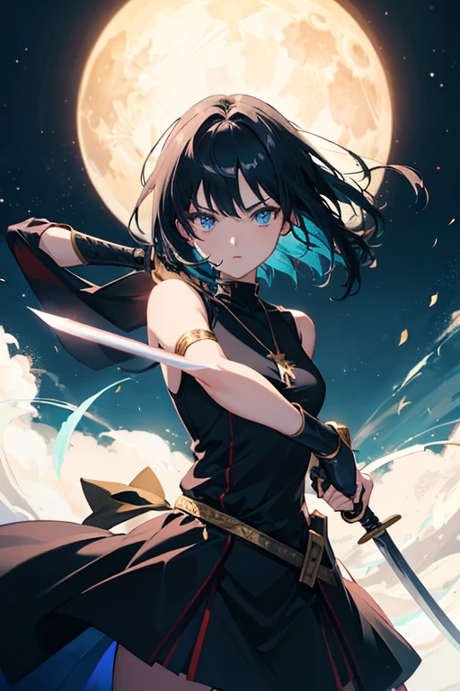 Anime girl holding sword katana blue dress holding a sword, anime, short black hair with neon highlights, hair is above shoulder height smooth beautiful, ready to attack, one hand on sword, background of moon 4k, anime art, pendant on hair, cross t necklace, sword pointing front, Golden armor yellow clothing