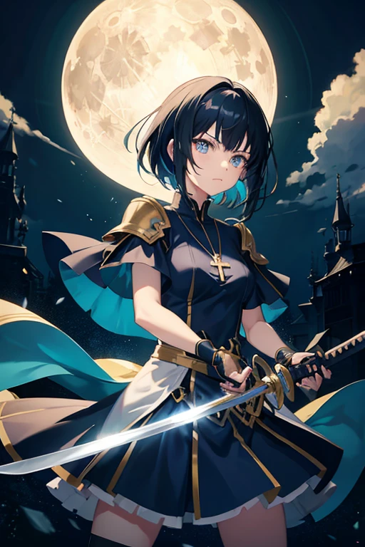 Anime girl holding sword katana blue dress holding a sword, anime, short black hair with neon highlights, hair is above shoulder height smooth beautiful, ready to attack, one hand on sword, background of moon 4k, anime art, pendant on hair, cross t necklace, sword pointing front, Golden armor yellow clothing