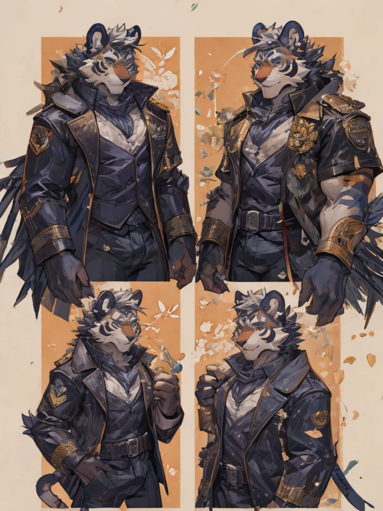 {{bara extremely handsome white tiger,}} {{white fur,}} white, wearing elegant ornate suit jacket, trousers, white dress shirt and necktie, white fluffy furry body and limbs, loafers, very tall, very broad shoulders, narrow waist, muscular arms, massive pecs, purple eyes, very long legs, massive bulge, sophisticated hot look, full body, 3/4 view, best quality, high quality, silver earring on left ear, sultry smirk, multiple views, character sheet
