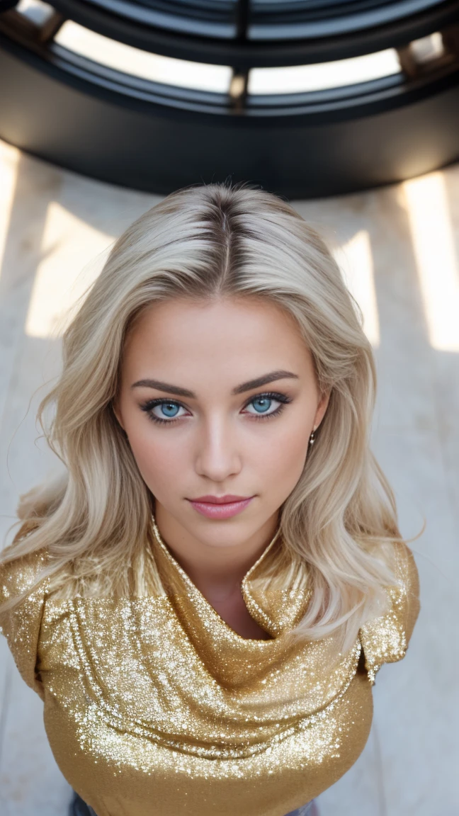 ( top view: 1.4), (full of the body: 1.4), RAW UHD portrait photo of a 24-year-old blonde (blue-eyed woman), angelic face, goddess beauty, large breasts, (skirt),arabic face , behind her is Alexander Nevsky Temple in Sofia, Bulgaria, (neckline), details (textures! , hair! , glitter, color!! , disadvantages: 1.1), glossy eyes with high detail (looking at the camera), SLR lighting, SLR camera, ultra-quality, sharpness, depth of field, film grain (center), Fujifilm XT3, crystal clear, frame center, beautiful face, sharp focus, bokeh (dimly lit), day, detailed skin pores, oily skin, sunburn, complex eye details, full body, large breasts