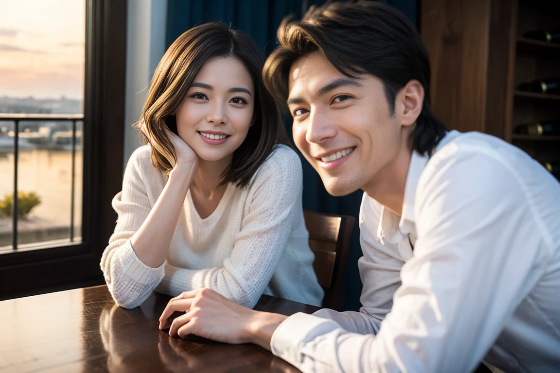 ((Highest quality、、masterpiece:1.3))、1 male、1 female、37 years old 39 years old、Slim Beauty、Beautiful couple、Upper Body、smile、 (Slim face), (the body is スリム), (Brown Hair), (Shortcuts), テーブルのフルコースディナーとwine glass、Amazing view of the sunset sky and clouds、smileの美しさ、Wine bottle、sparkling wine、Long sleeve shirt、dress、White wine, red wine, wine glass, Beautiful fine grain, Depth f/2,saturation, High Contrast, Strong light and shadow,Moist Body:1.5、3D texture、The hair is very shiny、