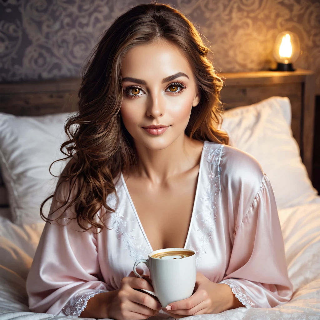 woman with a beautiful, well-groomed beard, brown hair, amber eyes, in a nightgown, drinks coffee