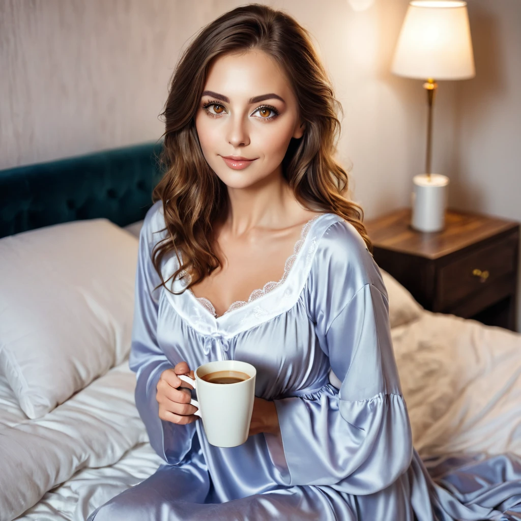 woman with a beautiful, well-groomed beard, brown hair, amber eyes, in a nightgown, drinks coffee