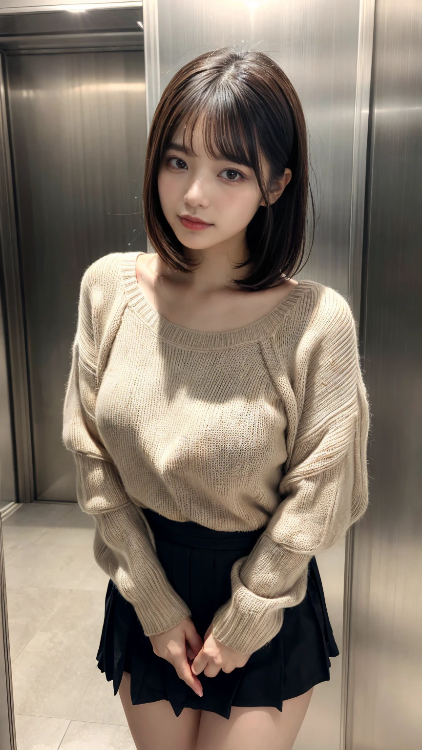 ((married women in their 30s))、In the elevator hall of the apartment、(Overlapping ass)、women facing the front、Light long-sleeved sweater、tight skirts、stroking the thigh、(You can see the lines of the body well from the top of the clothes..)、((Seductive facial expressions:1.1))((Beautiful Large Breastiddlebreasts))、Seduction Pose、((Etch Smile))((Random and mature hairstyle))The face is orderly、A detailed face、Beautiful face、Tying hair、Light brown eyes、1girll、Innocence、(Photorealsitic)、(intricate detailes:1.2)、(​masterpiece、:1.3)、(top-quality:1.4)、(超A high resolution:1.2)、超A high resolution、(A detailed eye)、(detailed facial features)、8K resolution