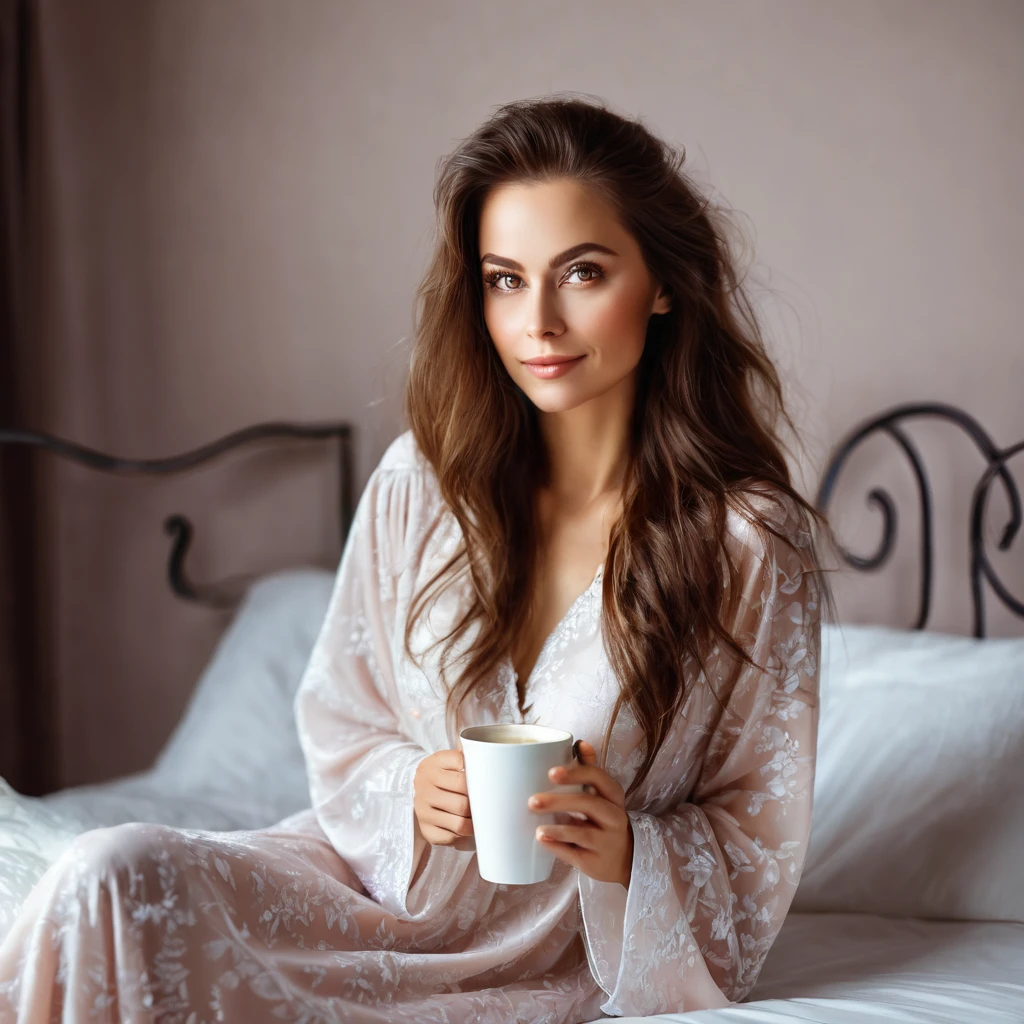 woman with a beautiful, well-groomed beard, brown hair, amber eyes, in a nightgown, drinks coffee