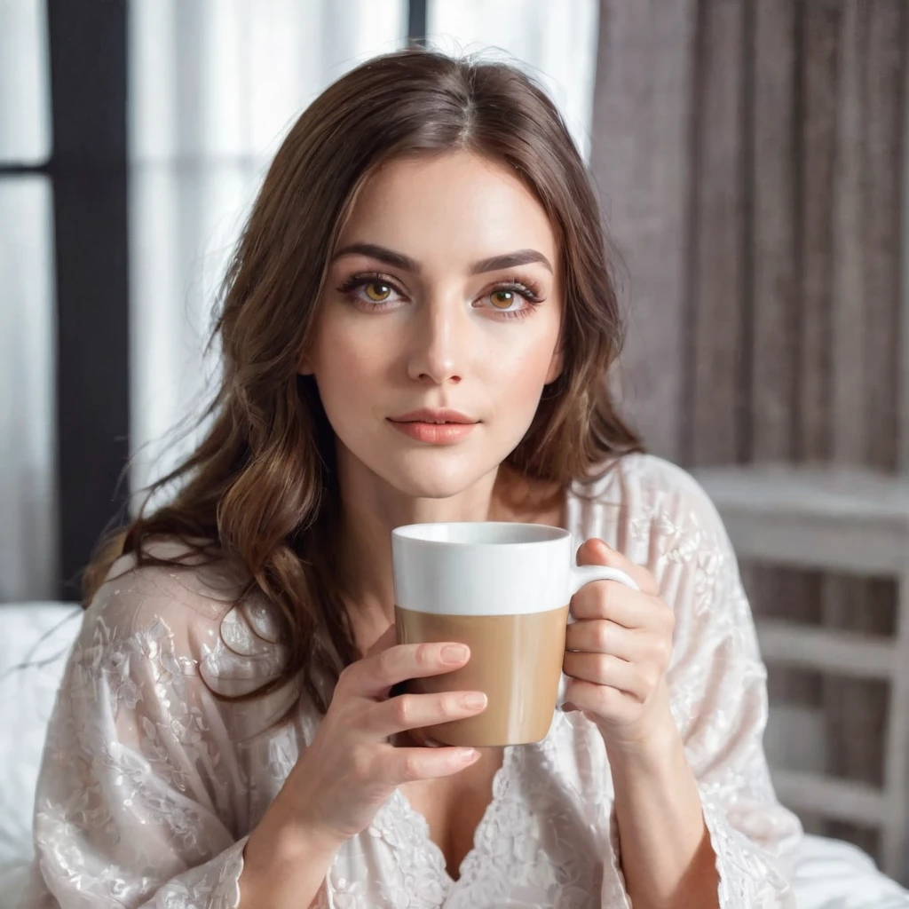 woman with a beautiful, well-groomed beard, brown hair, amber eyes, in a nightgown, drinks coffee