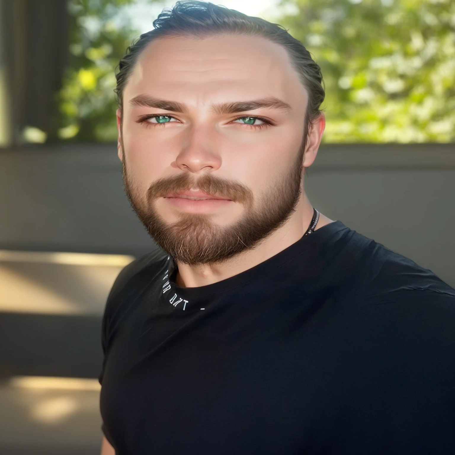 in the photo, replace the T-shirt with a black leather shirt, replace the background with neon and leave space to the left of the text