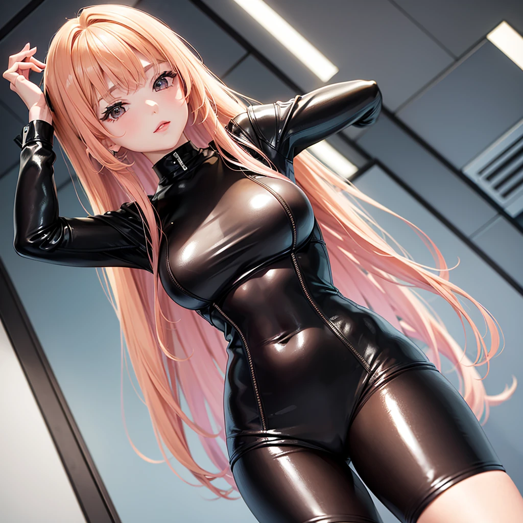 A woman looks like Marin Kitagawa from Sono Bisque Doll wa Koi wo Suru,  dominant leather suit, blond hair with pink tips