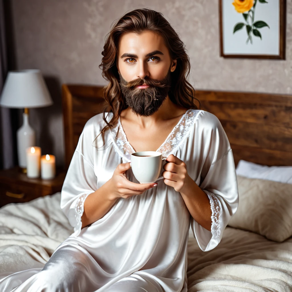 woman with a beautiful, well-groomed beard, brown hair, amber eyes, in a htgown, drinks coffee
