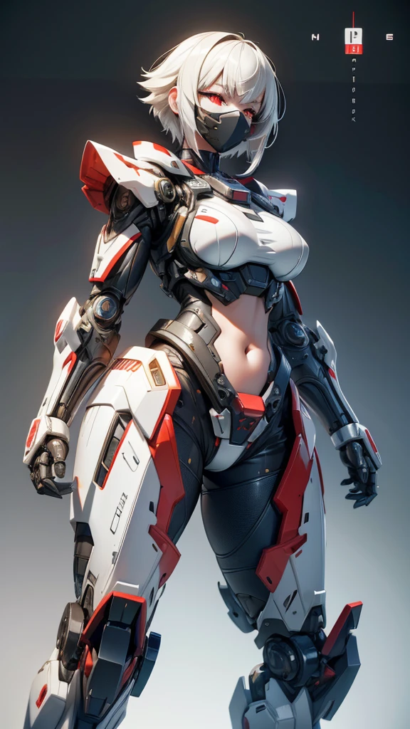 Extraordinary beautiful girl, body, Mechanical Naked, Mecha girl, white hair, Short hair details, (Red eyes:1.3), Inorganic leather, science fiction,intermittently, (exoskeleton suit), (Perfect fingers, 4 fingers and 1 thumb), (There are thick armors on the limbs:1.5), (Lop Nur, navel, Absolutely_good memory), intermittently, cowboy_shooting, side focus, Open stance, (Cybertech punk mask:1.2), There are huge thrusters on the waist, Side milk, Bloom, Super detailed的概念藝術, The content is very detailed, hawken, sci-fi battlefield, masterpiece, best quality, Capture super cute moments, Depth of Field, Super detailed, Ultra-high resolution, C4D, octadale, 3D Modeling, 8K, 16K,