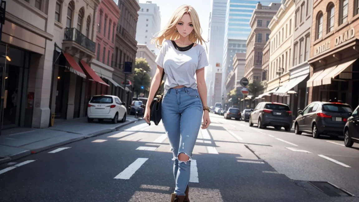 A sexy woman,Wear jeans,White T-shirt,Walking in the city, blonde hair, full body picture, high boots