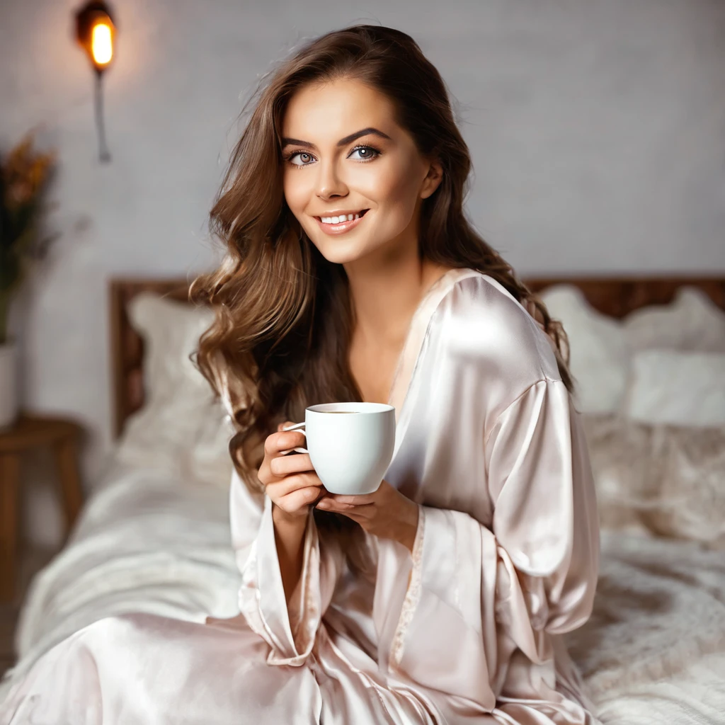 woman with a beautiful, well-groomed beard, brown hair, amber eyes, in a nightgown, drinks coffee