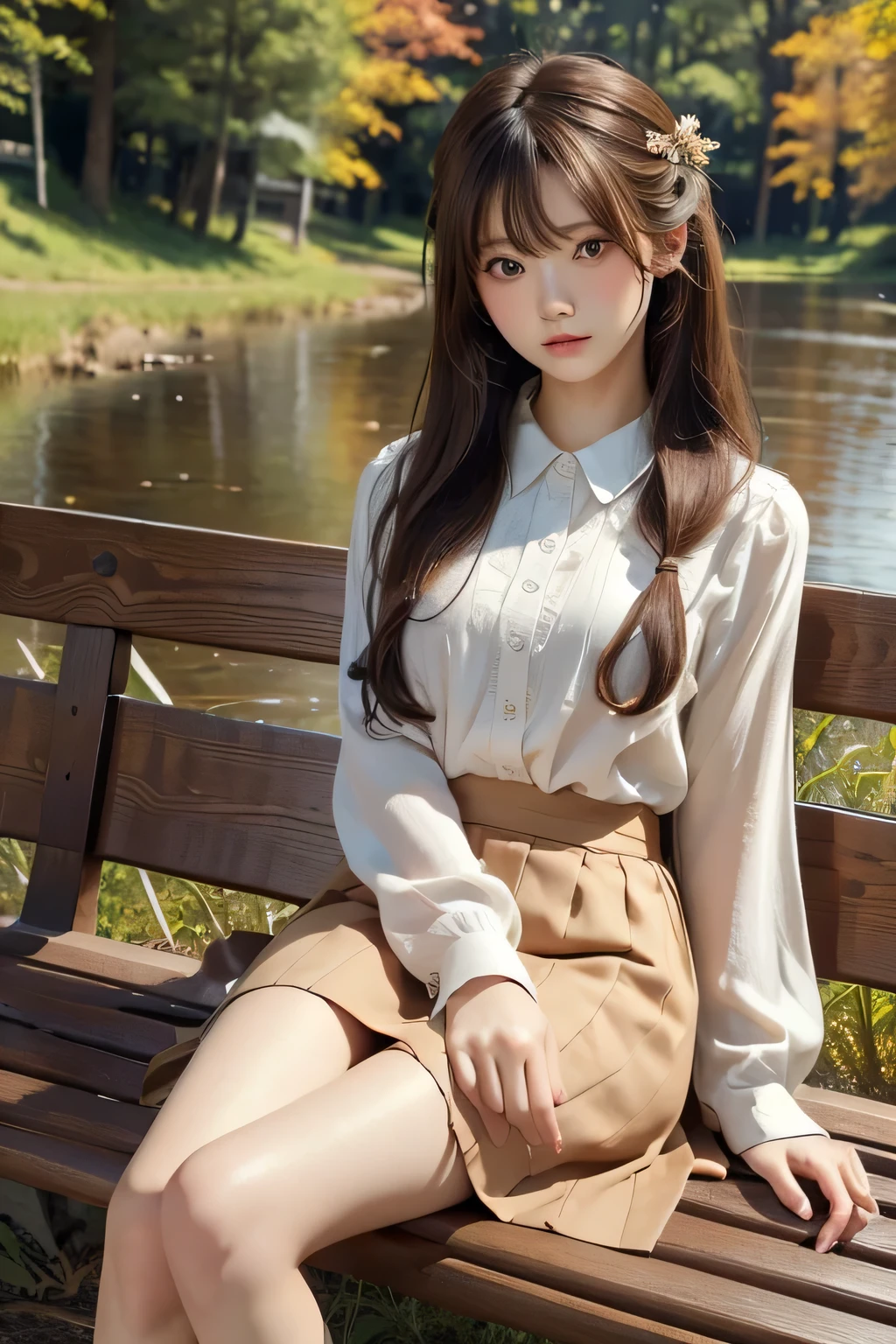 (((masterpiece))), highest quality, Very detailed, Detailed Background, 18mm wide lens, Long Shot, Quiet lakeside bench in the woods, Sitting, Very beautiful girl in the distance, Japanese, , Detailed face, bangs, (whole body:1.3), (Random Hairstyles :1.2), (Young Face), (Perfect body:1.1), blouse, skirt, autumn, In 8K, wallpaper, wonderful, In detail, Very detailedな, 超A high resolution, Very detailed, Sexy face, Very detailedな目と顔, Beautiful fine details, Very detailedな肌, No makeup, (Natural Skin),