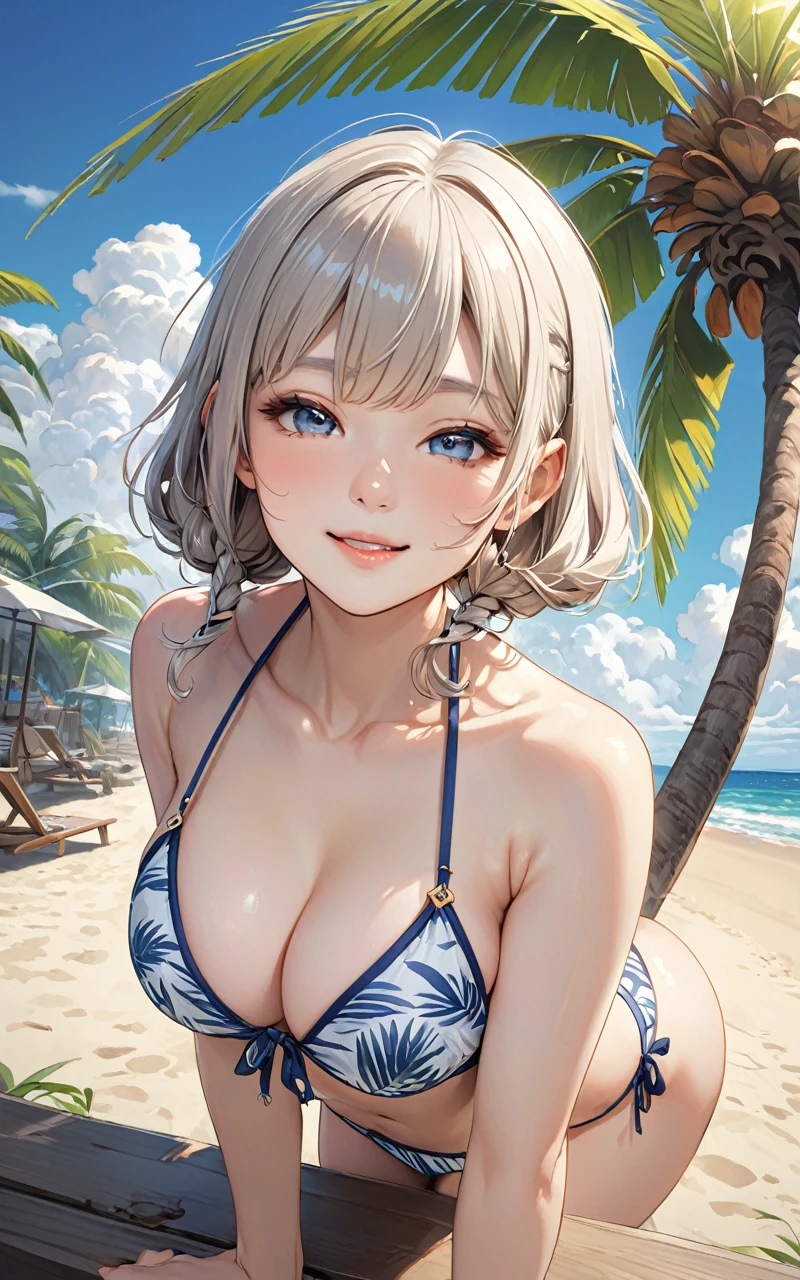 Highest quality、super high quality、16K, The expression is a smile, The outfit is a bikini、The location is the beach、 Palm tree、cloud、The pose shows her butt、 Hair color is random、The angle is from the top、Small face、Very delicate facial expressions、Delicate eye depiction、Highly detailed hair、Erotic、18-year-old female、Glowing Skin、Soft Skin、Sexy ass