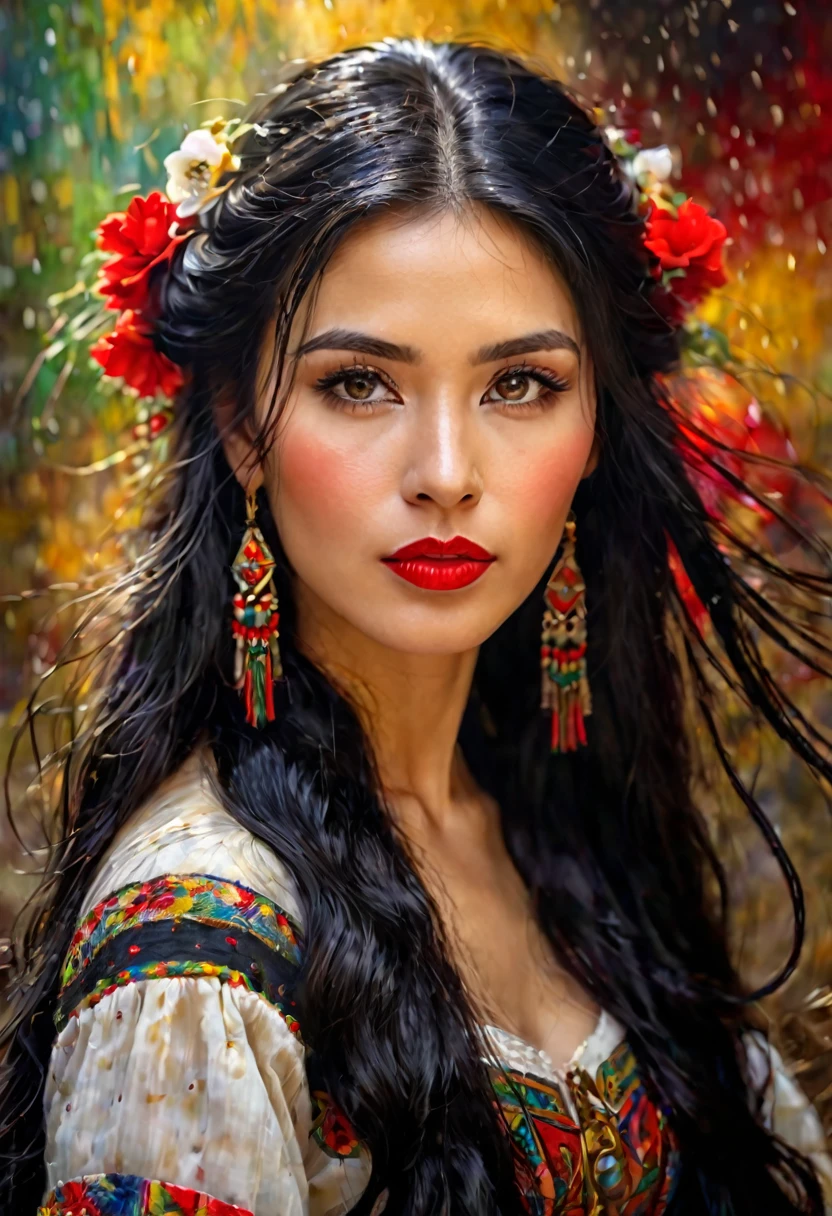 young Bolivian woman with long black hair, typical dress, image rich in details,
clear, oil paint, red lipstick, dramatic lighting, extremely realistic, 8k,
insane details, intricate, bokeh, taken with a 60mm lens, ISO 300, f/4, 1/200th,
vivid colors, by Pino Daeni, Vincent van Gogh, Luis Royo, Frank Frazetta