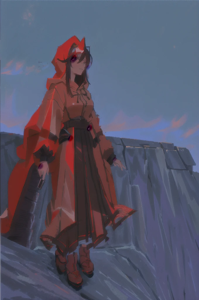 cartoon of a Girl in a red and black outfit with a blade, red demon cloak, villain wearing a assassin suit, red hooded assassin, crimson attire, assassin