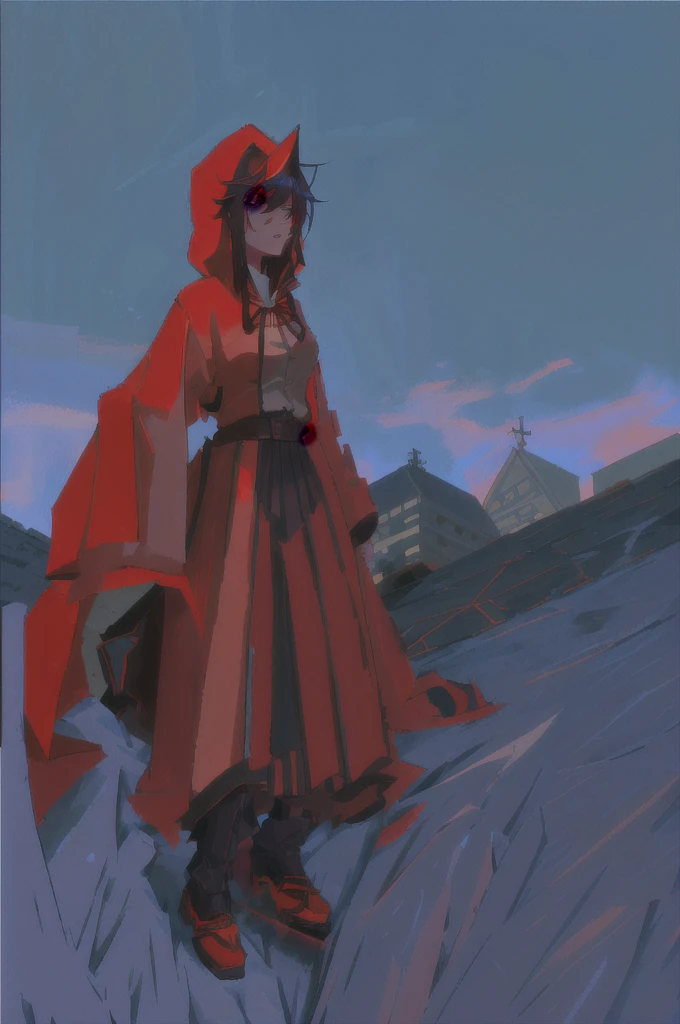 cartoon of a Girl in a red and black outfit with a blade, red demon cloak, villain wearing a assassin suit, red hooded assassin, crimson attire, assassin