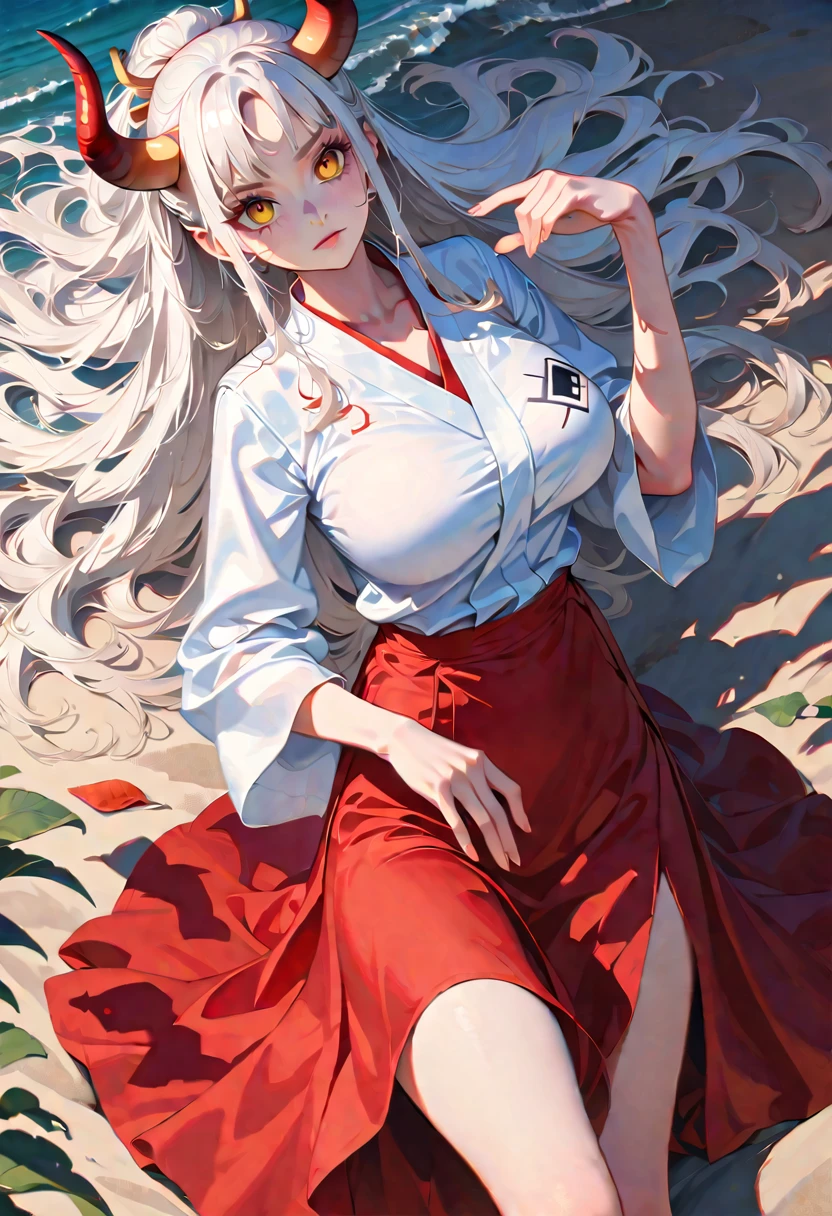 Style 9,1 woman, laying on sand, yamato one piece, long hair, white hair, horns, yellow eyes, detailed eyes, white clothes, red skirt, big breasts, illustration,beautiful background,whole body,high angle shot, from above, Beautiful photography pose,profile,view at viewer, brown eyes, high detailed wallpaper, high quality, masterpiece