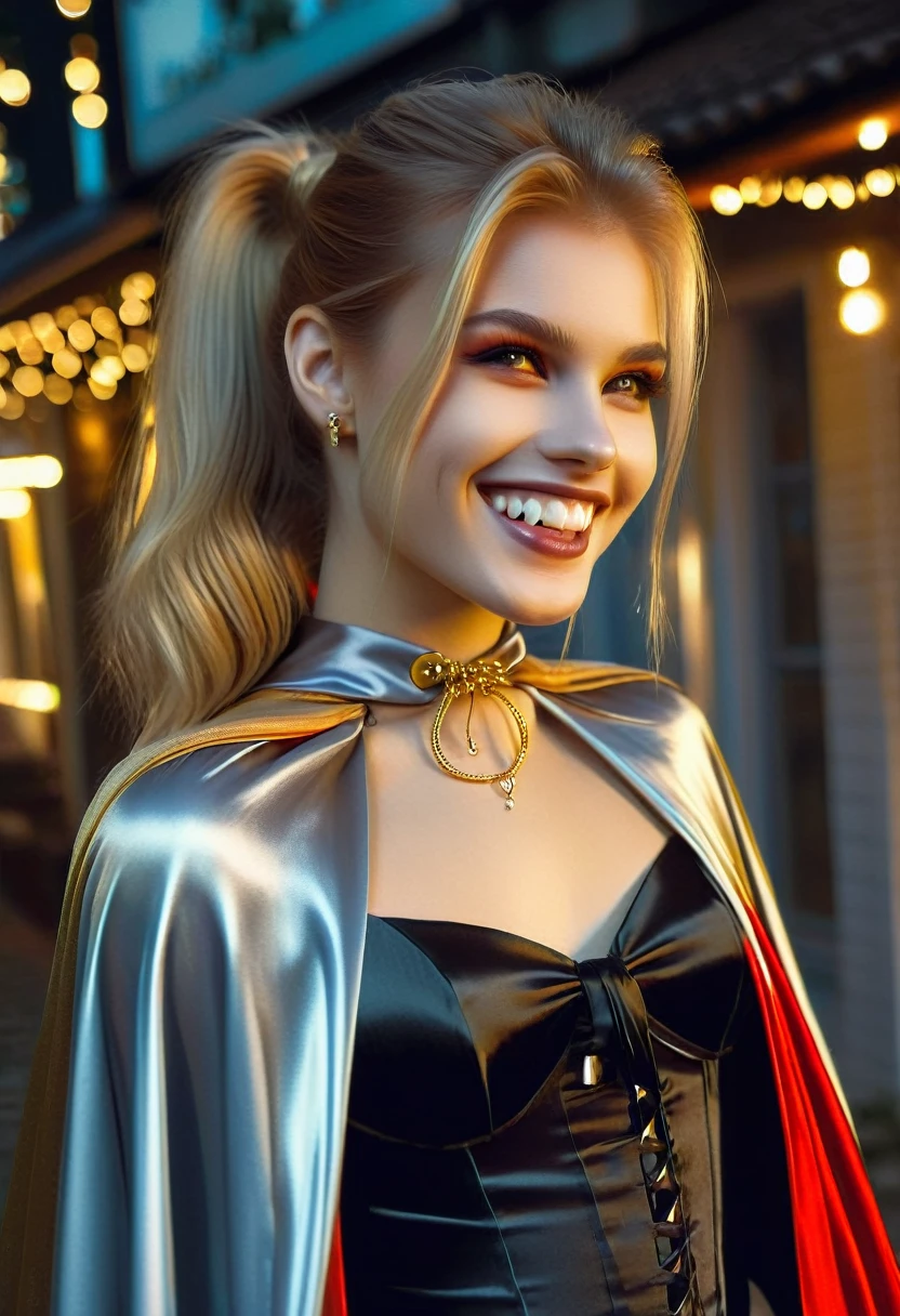 Vampyfangs1,(RAW photo) , 1girl, cute, 20 years old, long blonde hair in ponytail, smiling, look at viewer, ((((silver and gold lined satin cape tied at the neck)))+++, side spilt skirt , photo, realistic, best quality, hires, detailed face, detailed background, diffused lighting, depth of field, bokeh