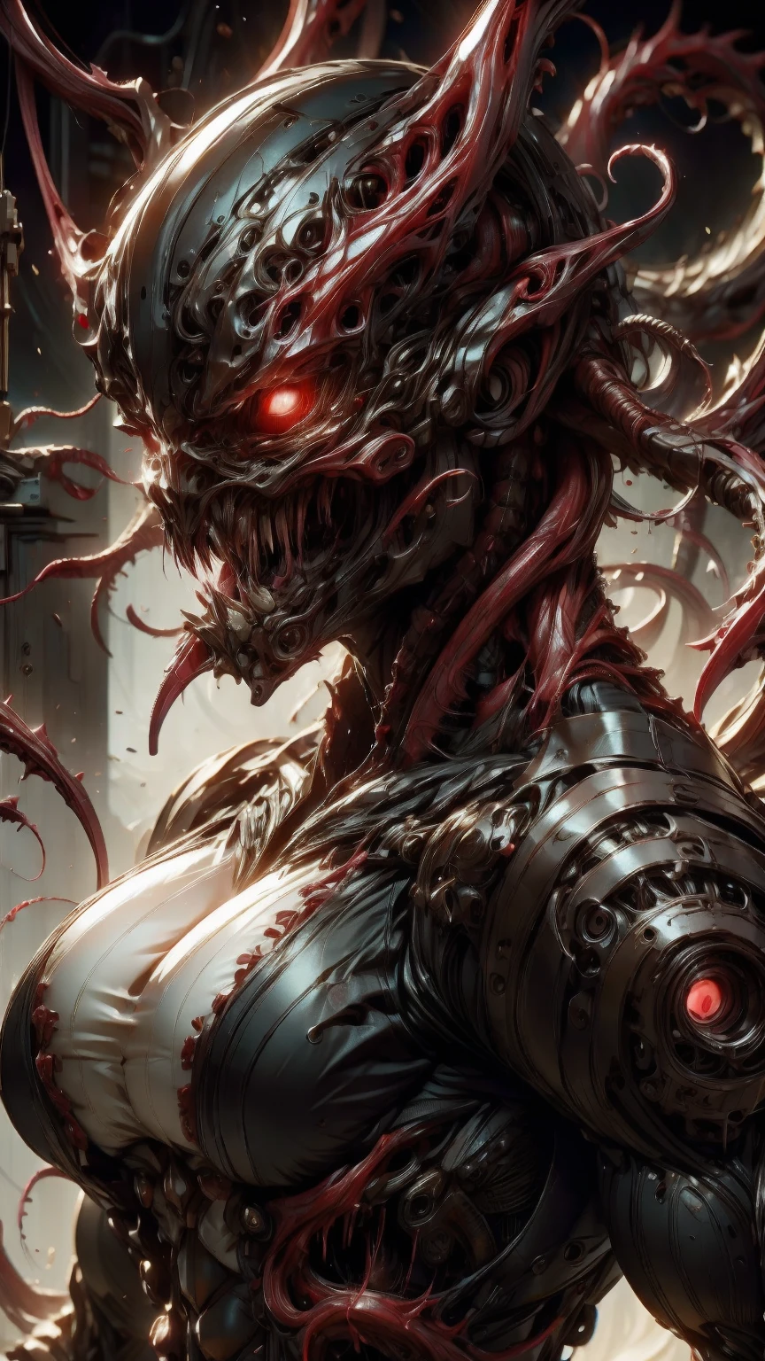 a portrait of Megan fox as armored carnage, (red carnage skinless muscular bio-mecha armor:1.25), (mouth wide open, carnage style:1.25), (upper body view:1.25), Realistic, Very detailed face and eyes, (masterpiece:1.1), (beautiful girl face:1.45)