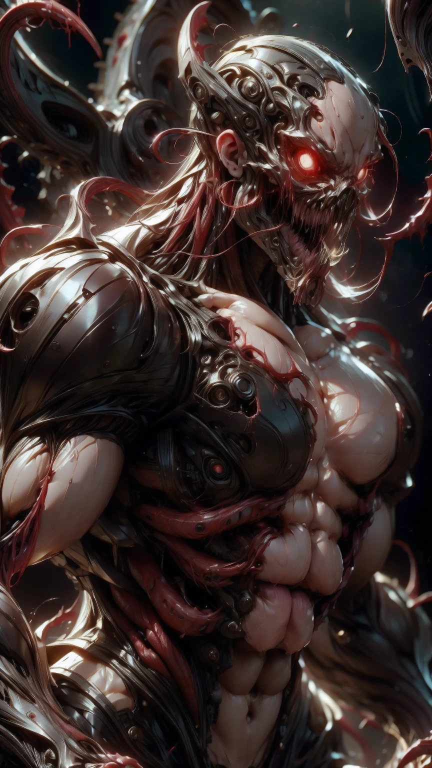 a portrait of Megan fox as armored carnage, (red carnage skinless muscular bio-mecha armor:1.25), (mouth wide open, carnage style:1.25), (upper body view:1.25), Realistic, Very detailed face and eyes, (masterpiece:1.1), (beautiful girl face:1.45)