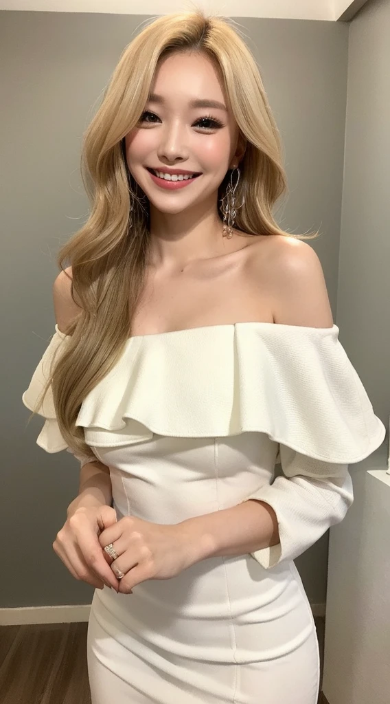 Surreal beautiful woman with blonde wavy hair and a big smile on her face.South Korea.Pure white off-shoulder low-cut dress.role play.Flirting