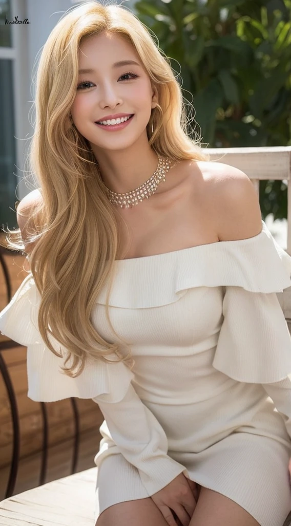 Surreal beautiful woman with blonde wavy hair and a big smile on her face.South Korea.Pure white off-shoulder low-cut dress.role play.Flirting