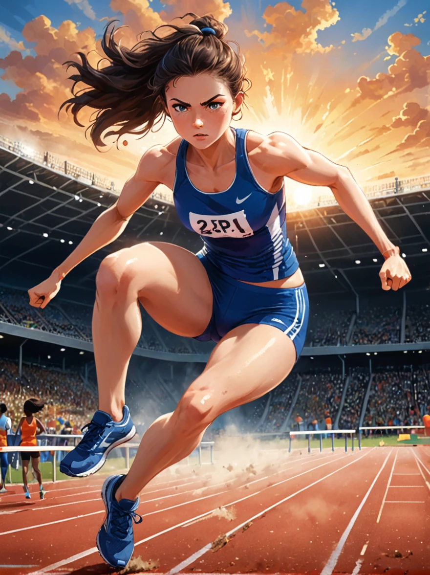 A vibrant scene appears on the professional athletics track，A fierce competition is going on,The setting sun in the background casts a warm glow on the field，The athletes are clearly visible，She is a determined girl.，25 years old，Focus on the task at hand，Her running shoes kicked up a small cloud of dust on the track，She is jumping over a hurdle.，The hurdle is a bright aluminum strip，Crossbars painted white and black，Easy to identify，Seemingly insurmountable，But that’s not the case for our athletes.，She is wearing royal blue and sportswear, her muscles are tense，Perfect posture，Jump over，(Cartoon illustration，illustration)