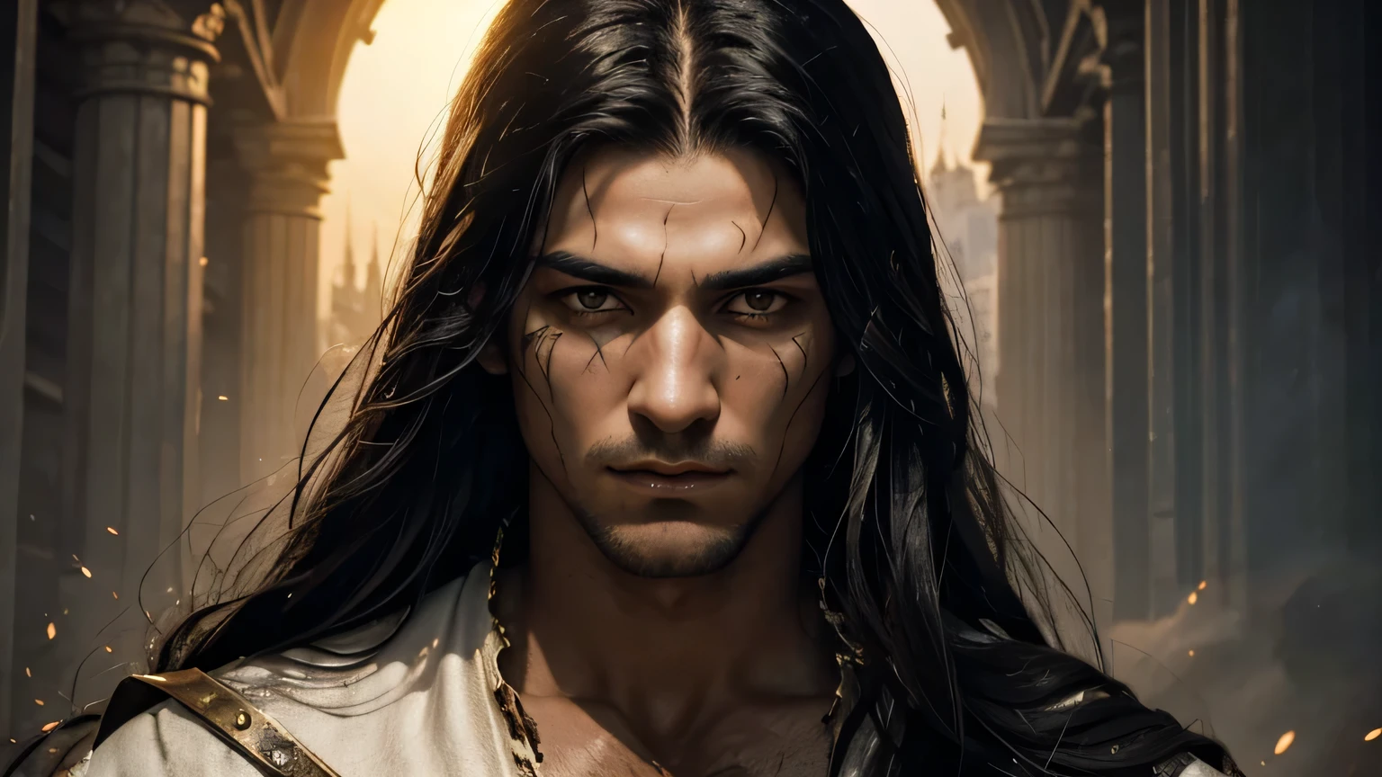 (masterpiece, best quality:1,3), (Ultra-detail: 1.3) epic fantasy character, An impressive very young man with long black hair ,he has torture scars on his face, His white cloth clothes are dirty and torn , he is slightly unshaven, His gaze is serious and piercing, his silver-grey eyes sparkle with vengeance , his heroic face is serious and glorifying, in the background an epic fantasy city from another age in whose silhouette the divine sun rises ,