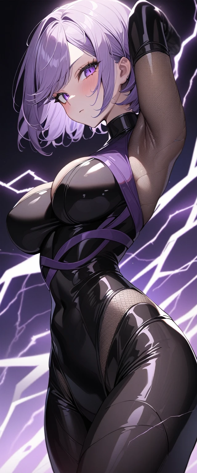 1girl,solo,super detailed skin,shiny skin,expressionless face,pale purple hair,short hair,swept bangs ,large breasts,bodysuit,(ninja clothes:1.2),fishnet ,arm up,cowboy shot,lightning,simple background,masterpiece,best quality,ultra detailed,high resolution,sharp focus,depth of field