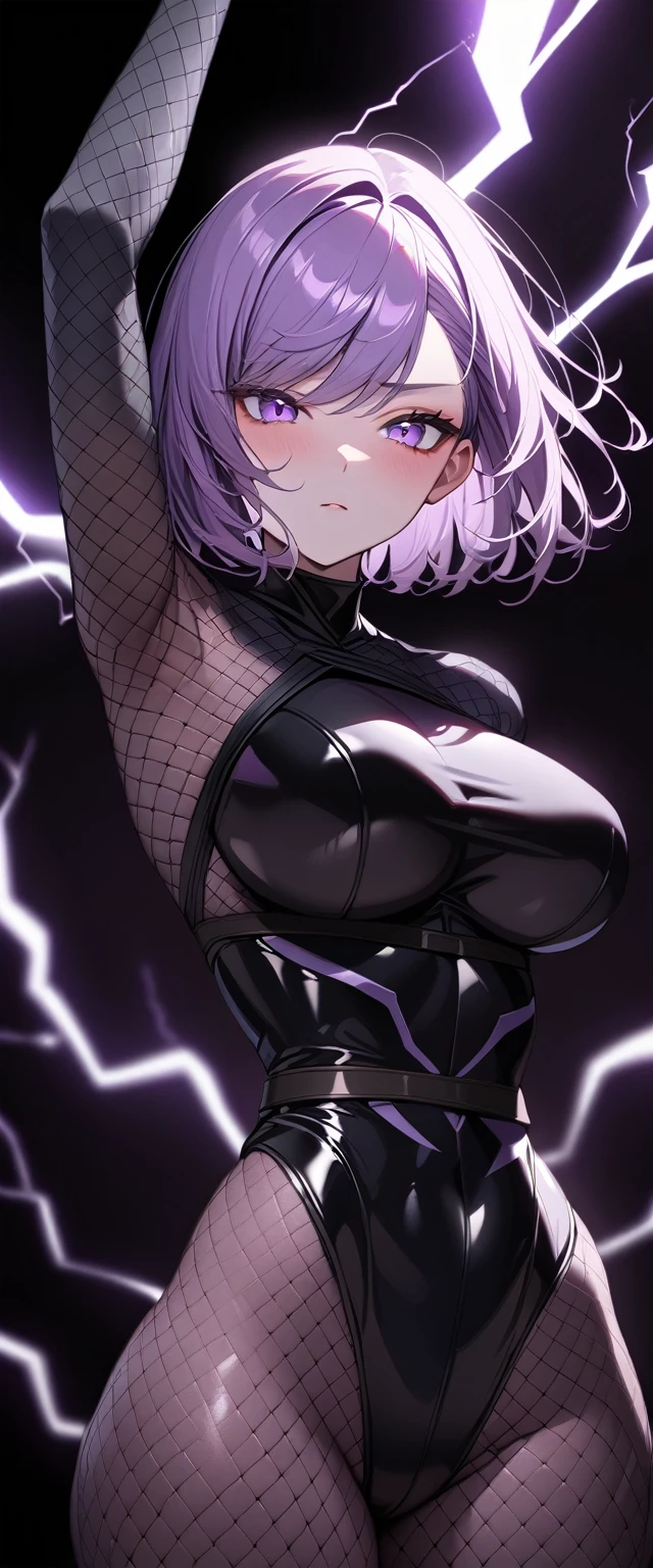 1girl,solo,super detailed skin,shiny skin,expressionless face,pale purple hair,short hair,swept bangs ,large breasts,bodysuit,(ninja clothes:1.2),fishnet ,arm up,cowboy shot,lightning,simple background,masterpiece,best quality,ultra detailed,high resolution,sharp focus,depth of field