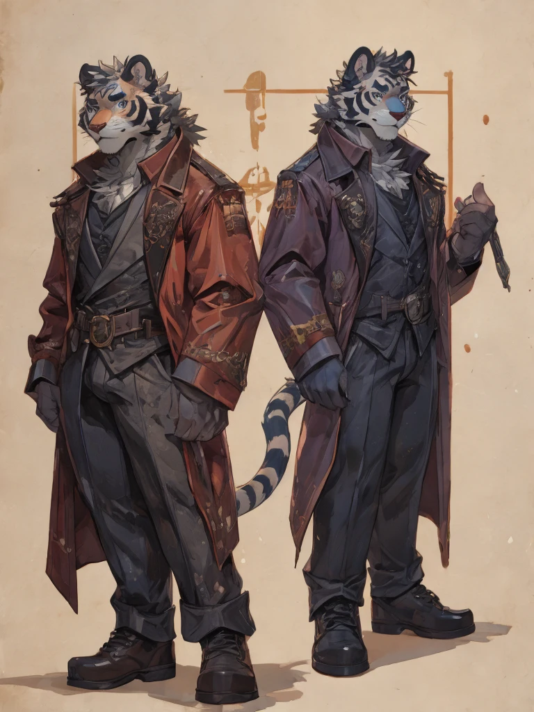 {{bara extremely handsome white tiger,}} {{white fur,}} white, wearing elegant ornate suit jacket, trousers, white dress shirt and necktie, white fluffy furry body and limbs, loafers, very tall, very broad shoulders, narrow waist, muscular arms, massive pecs, purple eyes, very long legs, massive bulge, sophisticated hot look, full body, 3/4 view, best quality, high quality, silver earring on left ear, sultry smirk, multiple views, character sheet