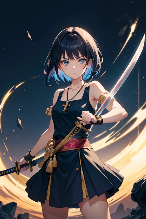 Anime girl holding sword katana blue dress holding a sword, anime, short black hair with neon highlights, hair is above shoulder height smooth beautiful, ready to attack, one hand on sword, background of moon 4k, anime art, pendant on hair, cross t necklace, sword pointing front, Golden armor mostly yellow clothing 
