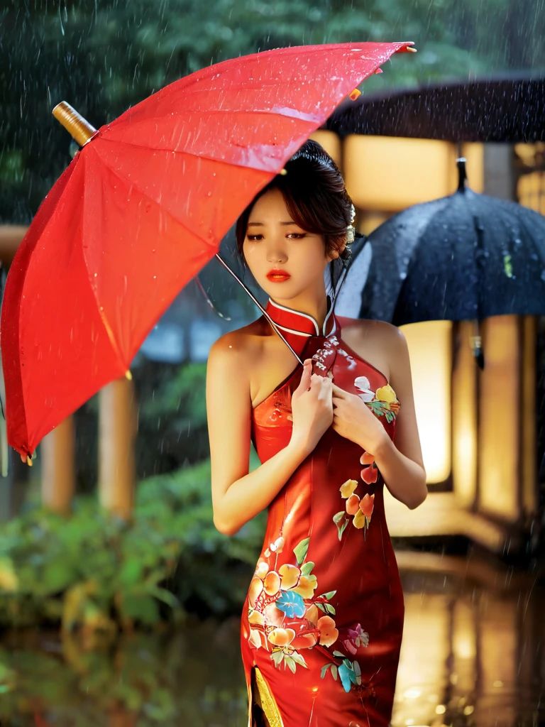 Best quality，masterpiece，Full of details，A cheongsam woman，Umbrella in the rain，plum bossom，trail