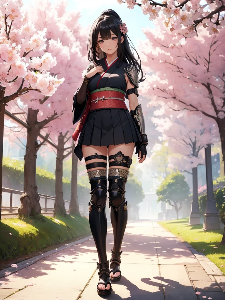 ((1girl, solo)), beautiful body, (perfect anatomy, perfect body, perfect hands, perfect legs), (five fingers:1.5), natural proportions, sexy body, large breasts, cowboy shot BREAK 

((extremely detailed face)), (beautiful detailed eyes:1.6), (realistic pupils, realistic iris:1), expressive eyes, looking at viewer, (clear eyes:1.3), (hyperrealistic:1.2), (detailed skin texture:1.2), smooth skin, (black hair:1.5), (red eyes:1.3), long hair, (straight hair:1.5), (((bangs))), ((blunt bangs)), hair ornament, hair flower, (detailed lips:1.2), (attractive lips:1.1), (glossy lips:1.1), (parted lips), perfect face, perfect eyes BREAK

Samurai, japanese clothes, (short kimono:1.5), sleeveless, elbow gloves, (arm guard:1.5), ((micro mini skirt)), pleated skirt, black skirt, zettai ryouiki, thighs, black thighhighs, (greaves:1.3), skindentation, tassel, shimenawa BREAK

Outdoors, day, (spring:1.3), (((cherry blossoms))), nature, ((trees)), ((ancient japan)), medieval fantasy  BREAK 

(masterpiece:1.5), anime-style, top quality, best quality, (beautiful and aesthetic:1.2), (ultra detail:1.5), Ultra-detailed depiction, Ultra-precise depiction, extremely detailed 8k illustration, high resolution, (highly detailed shading:1.2), (realistic lighting:1.4), perfect lighting, vibrant colors, dynamic tones, striking hues, 8k, absurd resolution, perfect shadows, hdr, UHD, ambient lighting, realistic, ultra-realistic, photo realistic, highly detailed, rich detail, luminous colors, fine texture, intricate design, professional illustration, (soft light:1.2), (illustration:0.7)