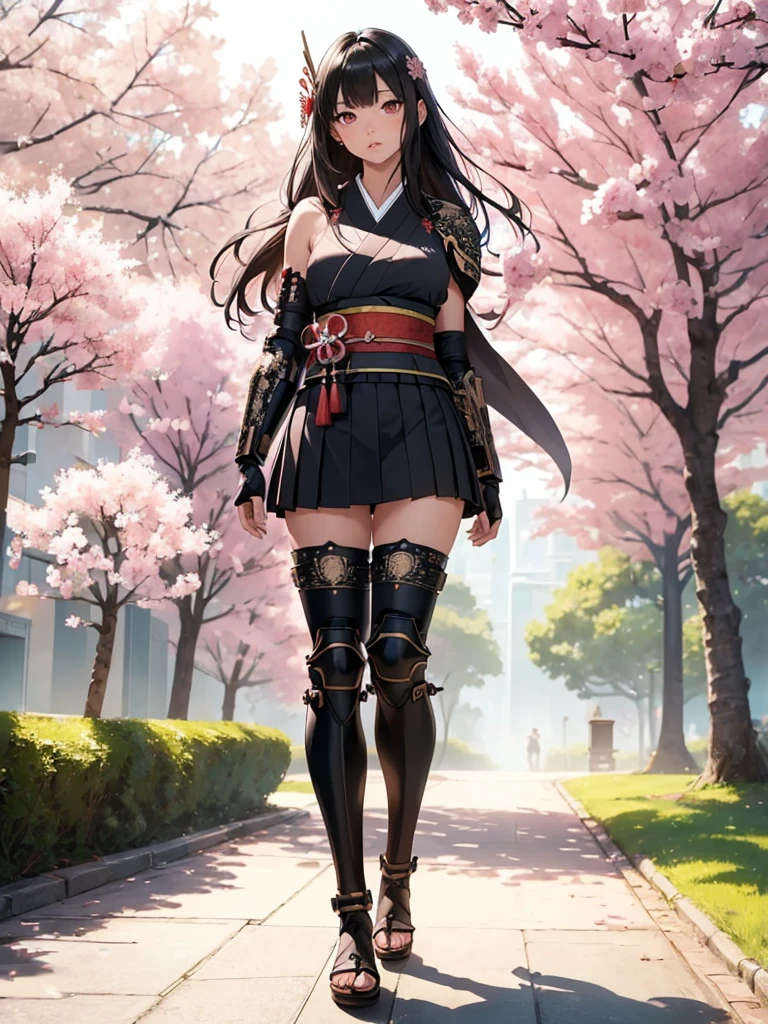 ((1girl, solo)), beautiful body, (perfect anatomy, perfect body, perfect hands, perfect legs), (five fingers:1.5), natural proportions, sexy body, large breasts, cowboy shot BREAK
((extremely detailed face)), (beautiful detailed eyes:1.6), (realistic pupils, realistic iris:1), expressive eyes, looking at viewer, (clear eyes:1.3), (hyperrealistic:1.2), (detailed skin texture:1.2), smooth skin, (black hair:1.5), (red eyes:1.3), long hair, (straight hair:1.5), (((bangs))), ((blunt bangs)), hair ornament, hair flower, (detailed lips:1.2), (attractive lips:1.1), (glossy lips:1.1), (parted lips), perfect face, perfect eyes BREAK
Samurai, japanese clothes, (short kimono:1.5), sleeveless, elbow gloves, (arm guard:1.5), ((micro mini skirt)), pleated skirt, black skirt, zettai ryouiki, thighs, black thighhighs, (greaves:1.3), skindentation, tassel, shimenawa BREAK
Outdoors, day, (spring:1.3), (((cherry blossoms))), nature, ((trees)), ((ancient japan)), medieval fantasy BREAK
(masterpiece:1.5), anime-style, top quality, best quality, (beautiful and aesthetic:1.2), (ultra detail:1.5), Ultra-detailed depiction, Ultra-precise depiction, extremely detailed 8k illustration, high resolution, (highly detailed shading:1.2), (realistic lighting:1.4), perfect lighting, vibrant colors, dynamic tones, striking hues, 8k, absurd resolution, perfect shadows, hdr, UHD, ambient lighting, realistic, ultra-realistic, photo realistic, highly detailed, rich detail, luminous colors, fine texture, intricate design, professional illustration, (soft light:1.2), (illustration:0.7)