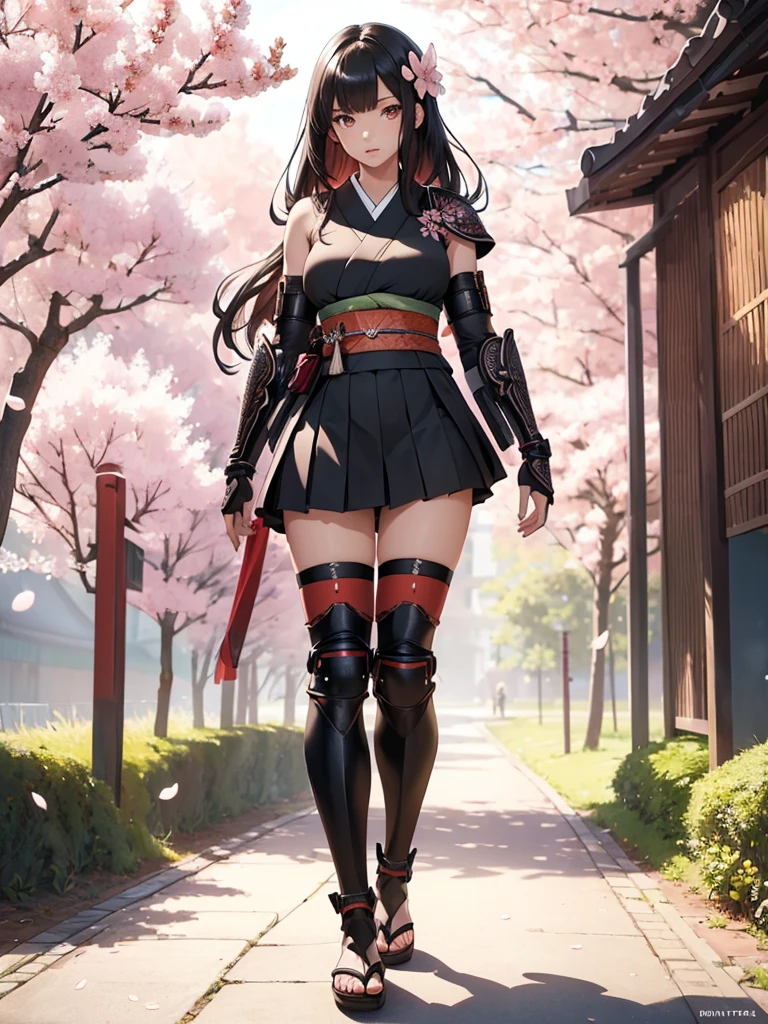 ((1girl, solo)), beautiful body, (perfect anatomy, perfect body, perfect hands, perfect legs), (five fingers:1.5), natural proportions, sexy body, large breasts, cowboy shot BREAK
((extremely detailed face)), (beautiful detailed eyes:1.6), (realistic pupils, realistic iris:1), expressive eyes, looking at viewer, (clear eyes:1.3), (hyperrealistic:1.2), (detailed skin texture:1.2), smooth skin, (black hair:1.5), (red eyes:1.3), long hair, (straight hair:1.5), (((bangs))), ((blunt bangs)), hair ornament, hair flower, (detailed lips:1.2), (attractive lips:1.1), (glossy lips:1.1), (parted lips), perfect face, perfect eyes BREAK
Samurai, japanese clothes, (short kimono:1.5), sleeveless, elbow gloves, (arm guard:1.5), ((micro mini skirt)), pleated skirt, black skirt, zettai ryouiki, thighs, black thighhighs, (greaves:1.3), skindentation, tassel, shimenawa BREAK
Outdoors, day, (spring:1.3), (((cherry blossoms))), nature, ((trees)), ((ancient japan)), medieval fantasy BREAK
(masterpiece:1.5), anime-style, top quality, best quality, (beautiful and aesthetic:1.2), (ultra detail:1.5), Ultra-detailed depiction, Ultra-precise depiction, extremely detailed 8k illustration, high resolution, (highly detailed shading:1.2), (realistic lighting:1.4), perfect lighting, vibrant colors, dynamic tones, striking hues, 8k, absurd resolution, perfect shadows, hdr, UHD, ambient lighting, realistic, ultra-realistic, photo realistic, highly detailed, rich detail, luminous colors, fine texture, intricate design, professional illustration, (soft light:1.2), (illustration:0.7)
