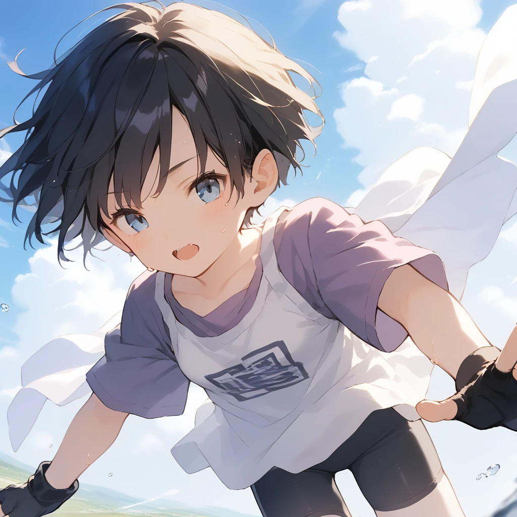 score_9, score_8_up, score_7_up, source_anime, best quality, masterpiece, official art, absurdres, highres, ultra-detailed,waifu2x,Collection: Slice of Life,break,1girl, short hair, spiked hair, blue eyes, small breasts,bike shorts, purple shirt, (white shirt), fingerless gloves, sweat, open mouth, sleepily,  outdoors, wind,break,(clear line illustration:1.2), super detailed skin,very high resolution, very aesthetic, Best sexual lighting powered by famous artist, 8k,cute picture,beauty illustration,photoshop_(medium),,(Detailed Lighting),best anime 8k konachan wallpaper, pixiv contest winner, 